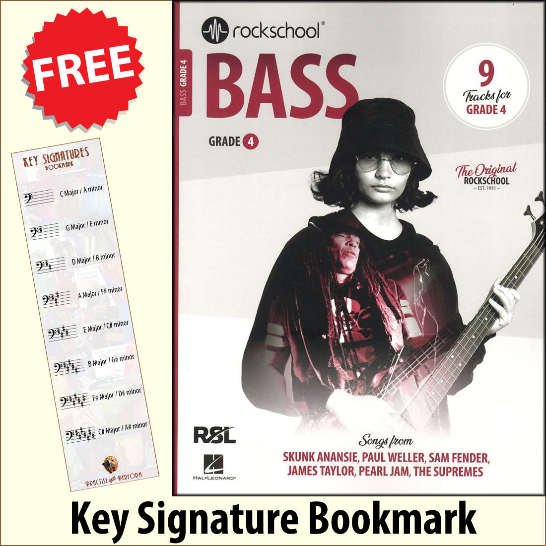 front cover of Rockschool Bass Grade 4 from 2024 together with free Bass Glef bookmark