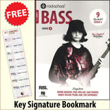 front cover of Rockschool Bass Grade 4 from 2024 together with free Bass Glef bookmark