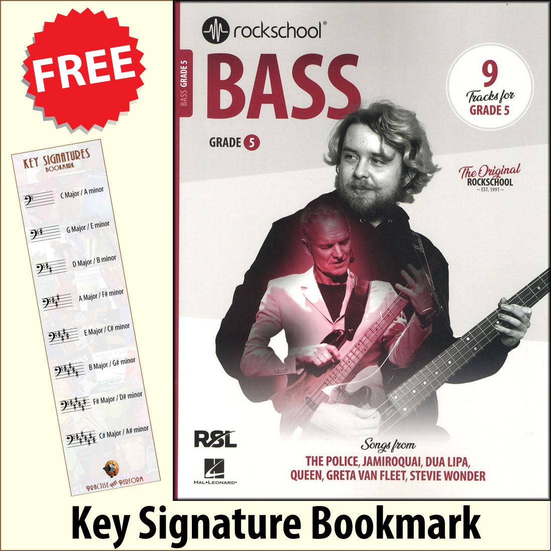 front cover of Rockschool Bass Grade 5 from 2024 together with free Bass Glef bookmark