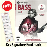 front cover of Rockschool Bass Grade 5 from 2024 together with free Bass Glef bookmark