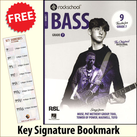 front cover of Rockschool Bass Grade 7 from 2024 together with free Bass Glef bookmark