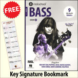 front cover of Rockschool Bass Grade 8 from 2024 together with free Bass Glef bookmark