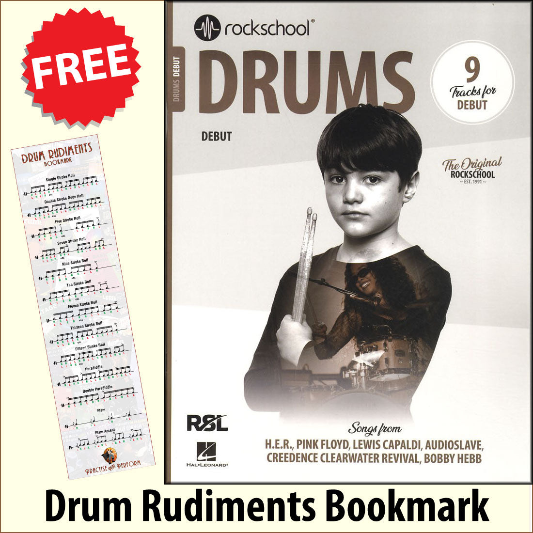 front cover of Rockschool Drums Debut from 2024 together with free Drum Rudiments bookmark