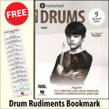 front cover of Rockschool Drums Debut from 2024 together with free Drum Rudiments bookmark