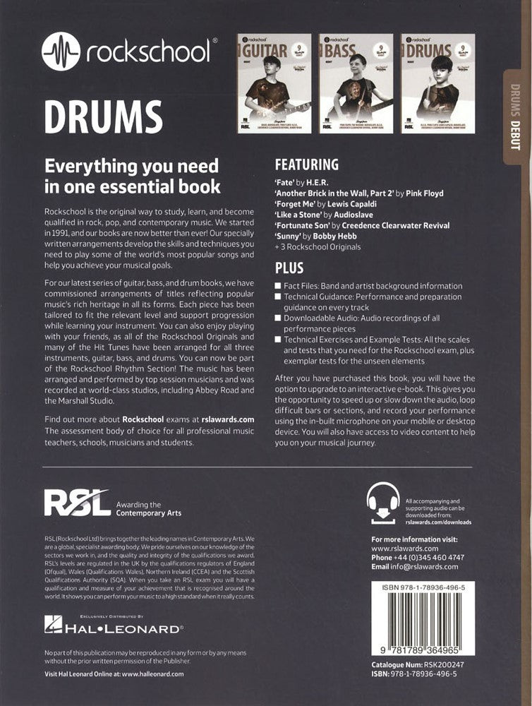 back cover of Rockschool Drums Debut from 2024