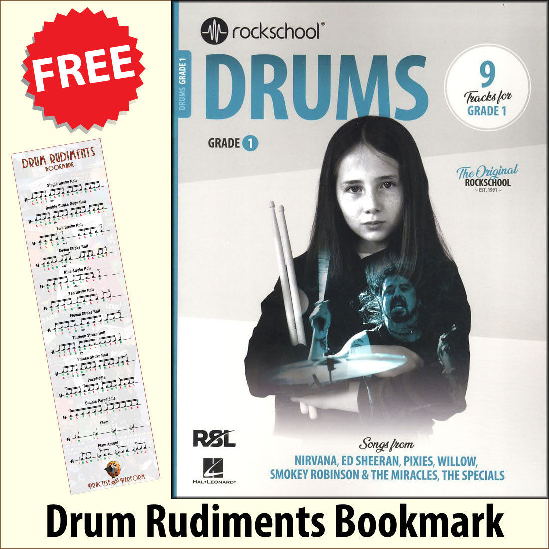 front cover of Rockschool Drums Grade 1 from 2024 together with free Drum Rudiments bookmark