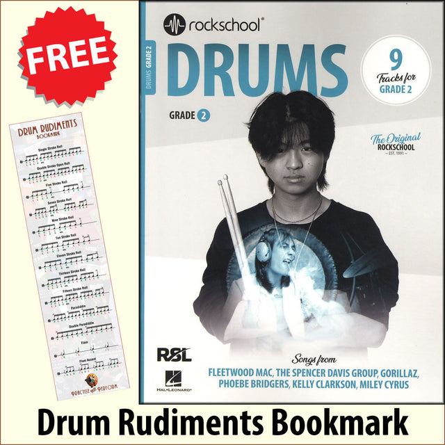 front cover of Rockschool Drums Grade 2 from 2024 together with free Drum Rudiments bookmark