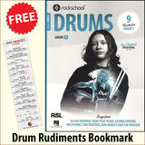 front cover of Rockschool Drums Grade 3 from 2024 together with free Drum Rudiments bookmark