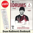 front cover of Rockschool Drums Grade 4 from 2024 together with free Drum Rudiments bookmark