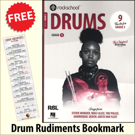 front cover of Rockschool Drums Grade 5 from 2024 together with free Drum Rudiments bookmark