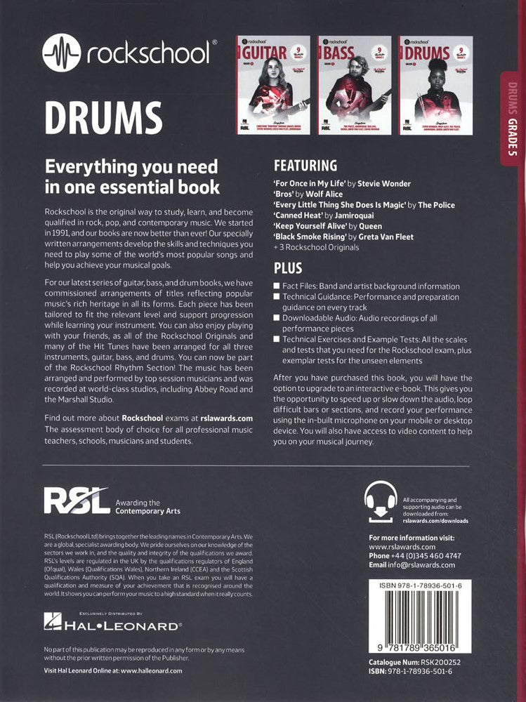 back cover of Rockschool Drums Grade 5 from 2024