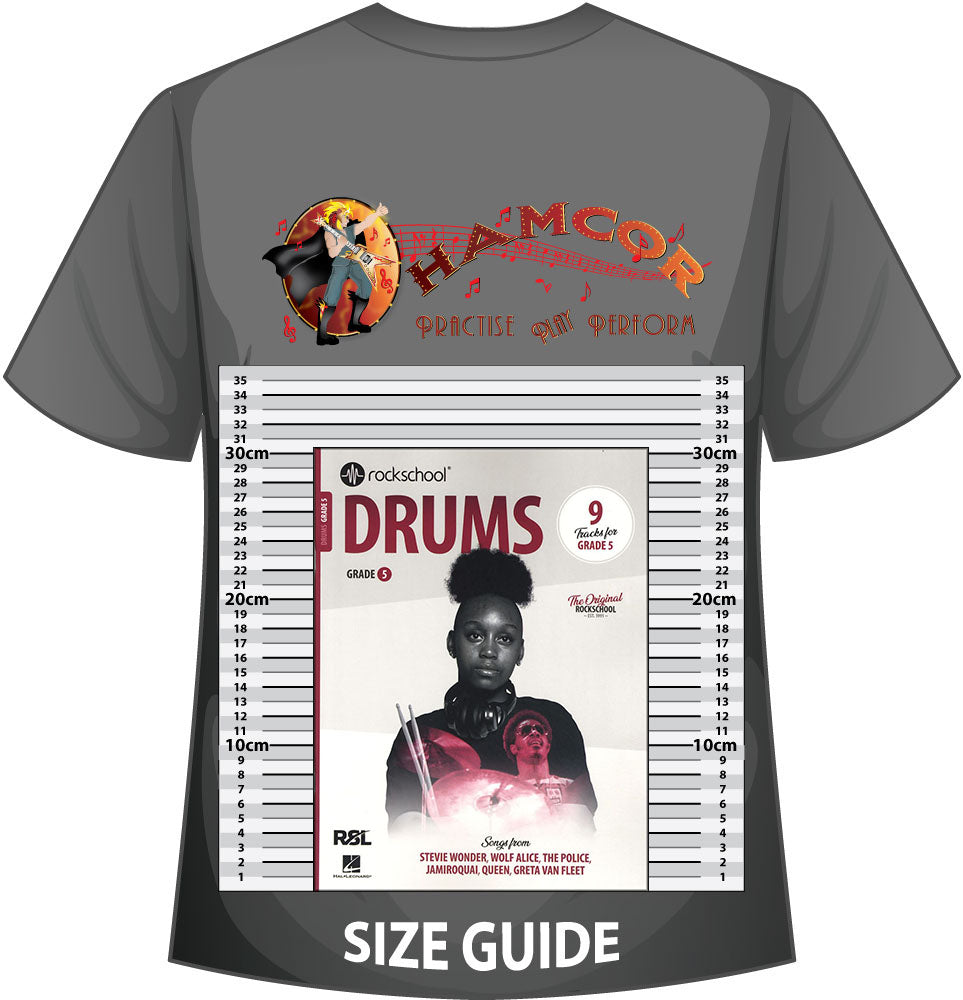 front cover of Rockschool Drums Grade 5 from 2024 on a size guide