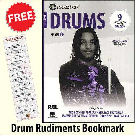 front cover of Rockschool Drums Grade 6 from 2024 together with free Drum Rudiments bookmark