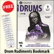 front cover of Rockschool Drums Grade 7 from 2024 together with free Drum Rudiments bookmark