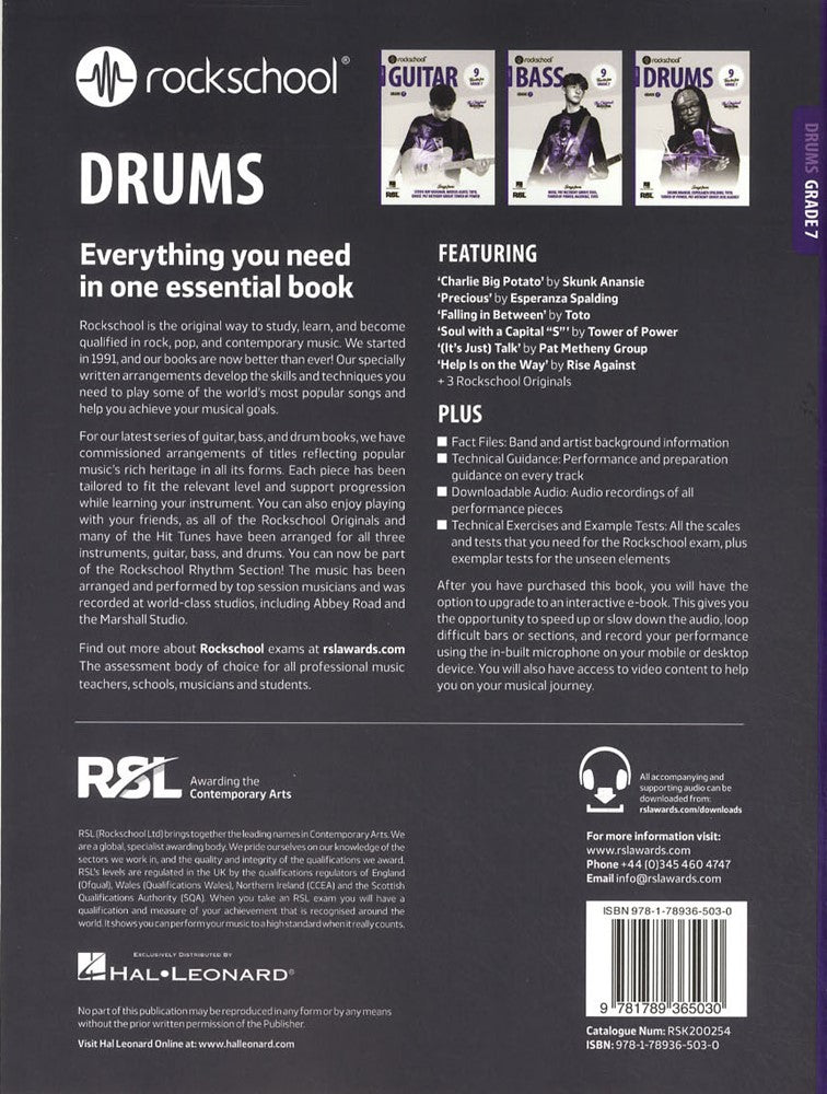 back cover of Rockschool Drums Grade 7 from 2024