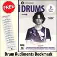 front cover of Rockschool Drums Grade 8 from 2024 together with free Drum Rudiments bookmark