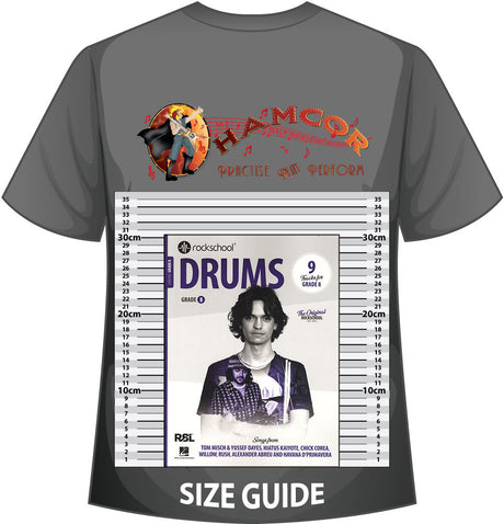 front cover of Rockschool Drums Grade 8 from 2024 on a size guide