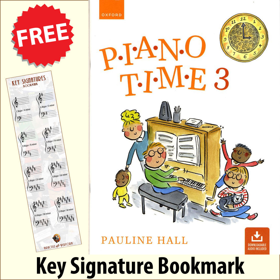 front cover of Piano Time 3 together with free Piano Clef bookmark