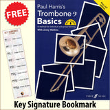 front cover of Paul Harris's Trombone Basics (Bass Clef Edition) together with free Bass Glef bookmark