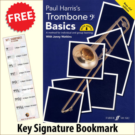 front cover of Paul Harris's Trombone Basics (Bass Clef Edition) together with free Bass Glef bookmark