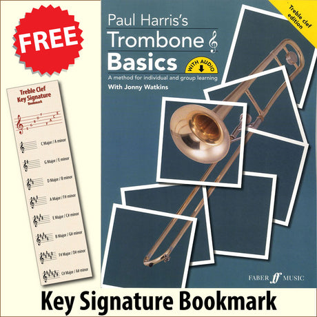 front cover of Paul Harris's Trombone Basics (Treble Clef Edition) together with free Treble Clef bookmark