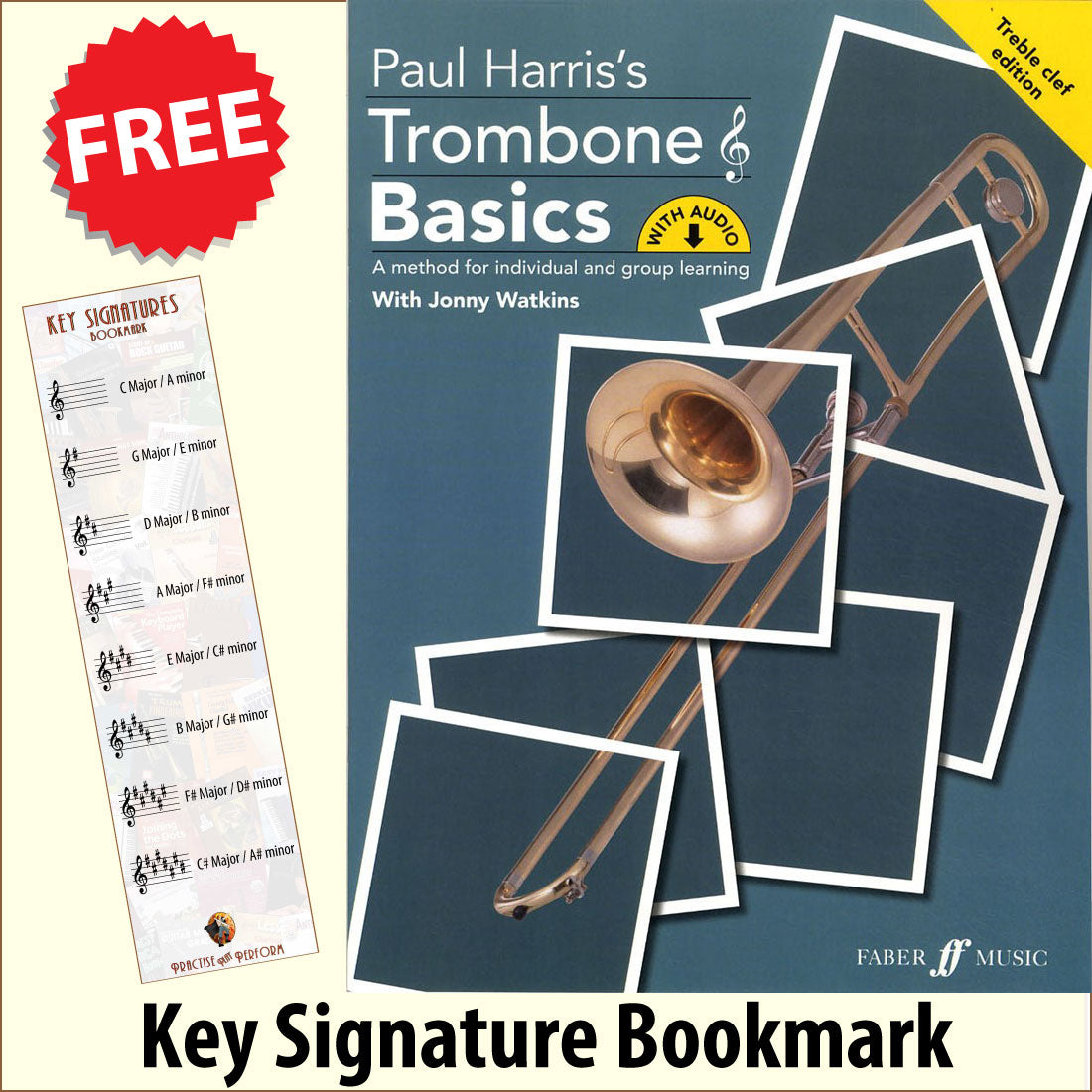 front cover of Paul Harris's Trombone Basics (Treble Clef Edition) together with free Treble Clef bookmark