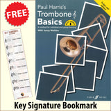 front cover of Paul Harris's Trombone Basics (Treble Clef Edition) together with free Treble Clef bookmark