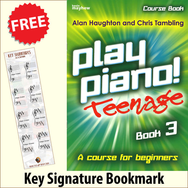 front cover of Play Piano Teenage Course Book 3 together with free Piano Clef bookmark