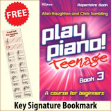 front cover of Play Piano Teenage Repertoire Book 3 together with free Piano Clef bookmark