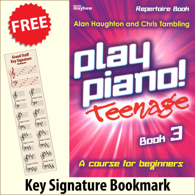 front cover of Play Piano Teenage Repertoire Book 3 together with free Piano Clef bookmark