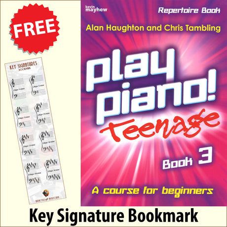 front cover of Play Piano Teenage Repertoire Book 3 together with free Piano Clef bookmark