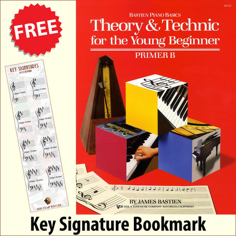 front cover of Bastien Piano Basics Theory & Technique for the Young Beginner Primer B together with free Piano Clef bookmark