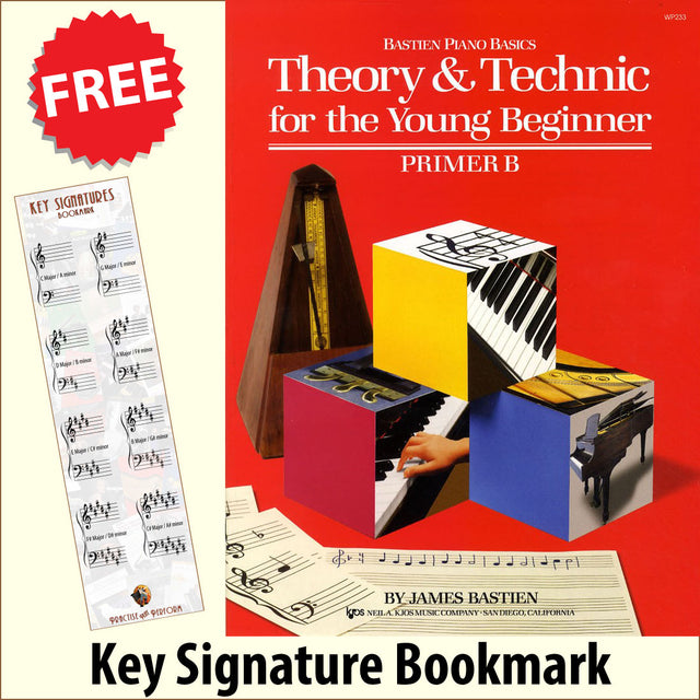 front cover of Bastien Piano Basics Theory & Technique for the Young Beginner Primer B together with free Piano Clef bookmark