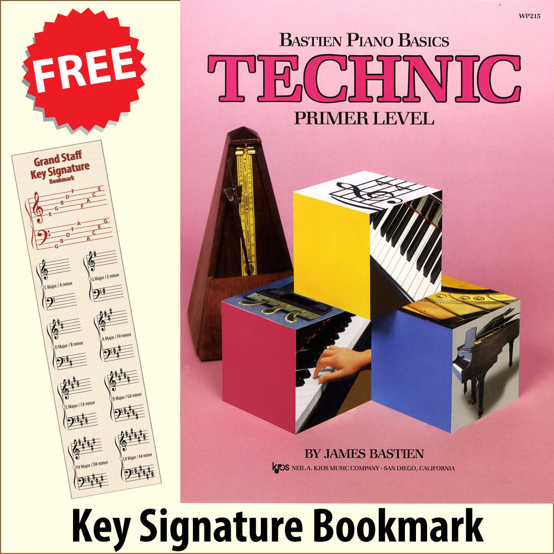 front cover of Bastien Piano Basics Technic Primer Level together with free Piano Clef bookmark