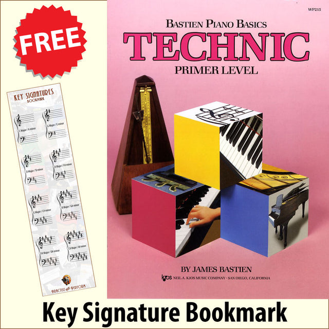 front cover of Bastien Piano Basics Technic Primer Level together with free Piano Clef bookmark