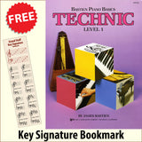 front cover of Bastien Piano Basics Technic Level 1 together with free Piano Clef bookmark
