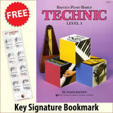 front cover of Bastien Piano Basics Technic Level 1 together with free Piano Clef bookmark