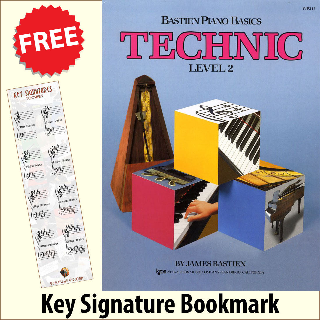 front cover of Bastien Piano Basics Technic Level 2 together with free Piano Clef bookmark