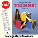 front cover of Bastien Piano Basics Technic Level 2 together with free Piano Clef bookmark