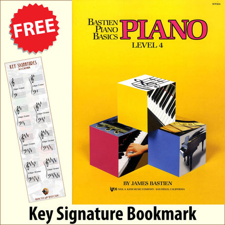 front cover of Bastien Piano Basics Piano Level 4 together with free Piano Clef bookmark