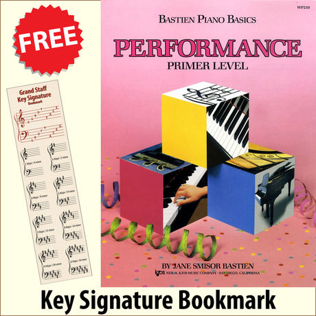 front cover of Bastien Piano Basics Performance Primer Level together with free Piano Clef bookmark