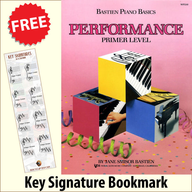 front cover of Bastien Piano Basics Performance Primer Level together with free Piano Clef bookmark