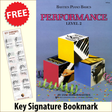 front cover of Bastien Piano Basics Performance Level 2 together with free Piano Clef bookmark