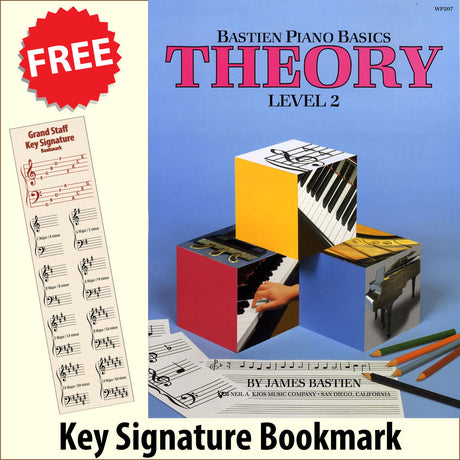 front cover of Bastien Piano Basics Theory Level 2 together with free Piano Clef bookmark