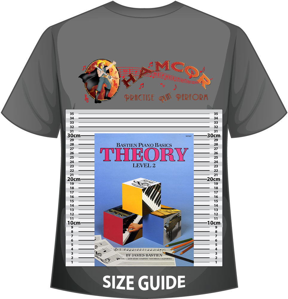 front cover of Bastien Piano Basics Theory Level 2 on a size guide