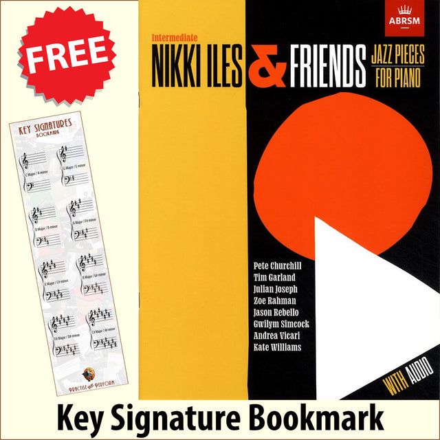 front cover of Nikki Iles & Friends Jazz Pieces for Piano Intermediate together with free Piano Clef bookmark