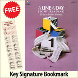 front cover of Bastien Piano Basics A Line a Day Sight Reading Level 1 together with free Piano Clef bookmark