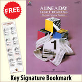 front cover of Bastien Piano Basics A Line a Day Sight Reading Level 1 together with free Piano Clef bookmark