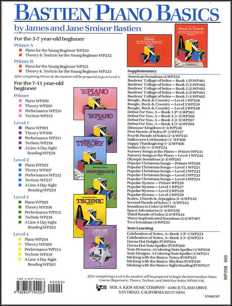 back cover of Bastien Piano Basics A Line a Day Sight Reading Level 1