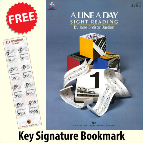 front cover of Bastien Piano Basics A Line a Day Sight Reading Level 2 together with free Piano Clef bookmark